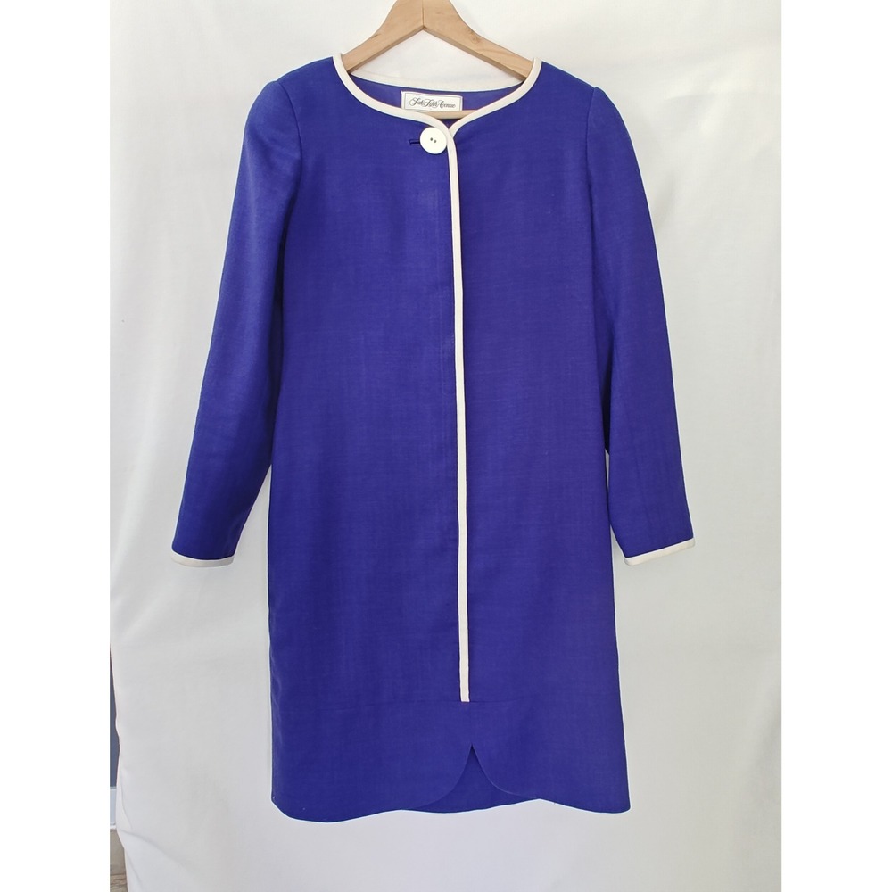 Saks Fifth Avenue David Hayes Royal Blue Cream Trim Button Front Coat Dress‎ 8